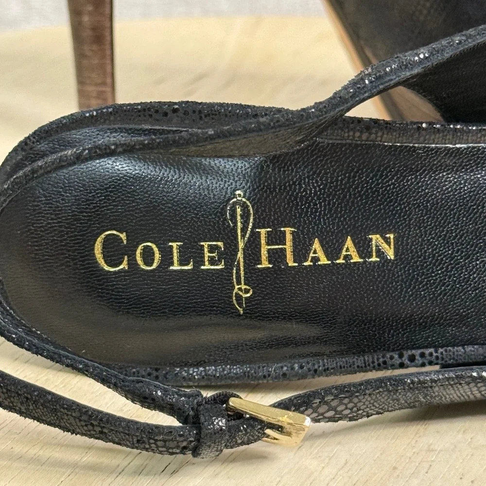Cole Haan NikeAir Black Snake Embossed Platform Slingback Peep Toe Heels 5.5B‎